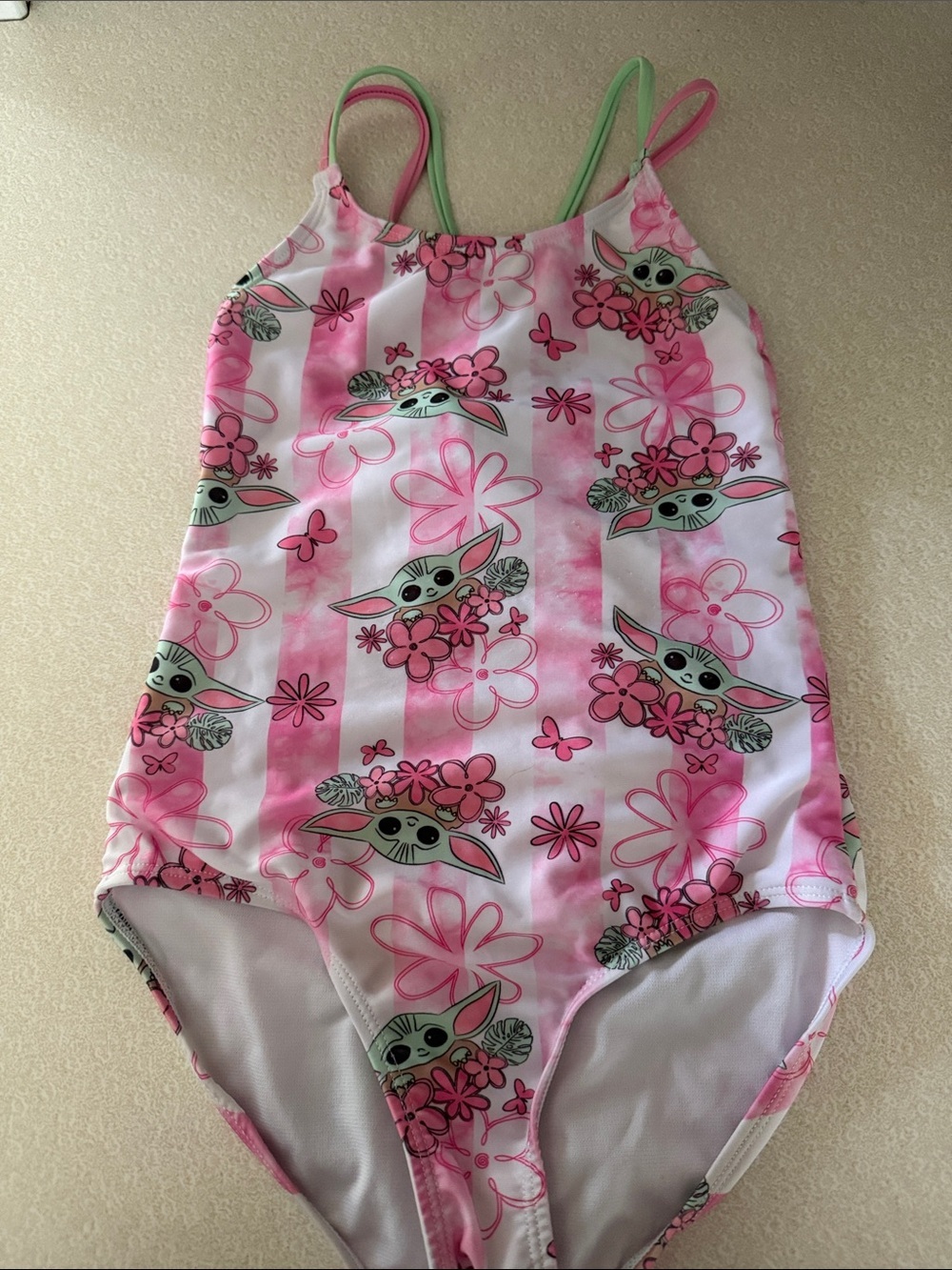 Star Wars Pink Floral Baby Yoda One-Piece Swimsuit with Green Strap Accents